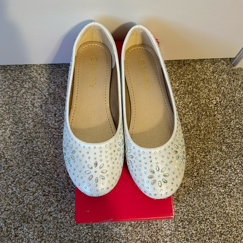 White and rhinestone shoes, size 2 girl.